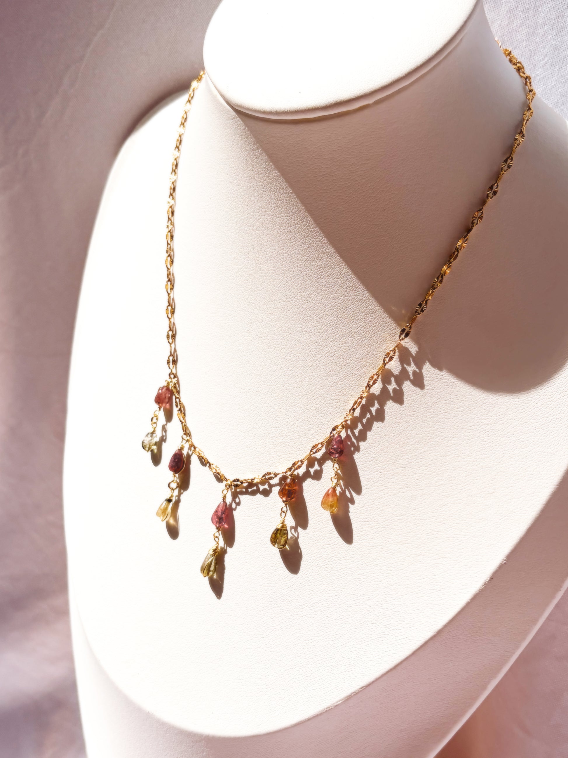 Gold Stainless Steel Lip Chain Necklace with Geuine Multi Colored gemstones on a white background