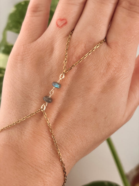 Gold stainless steel handchain bracelet with Labradorite beads on a person's wrist against a neutral background.