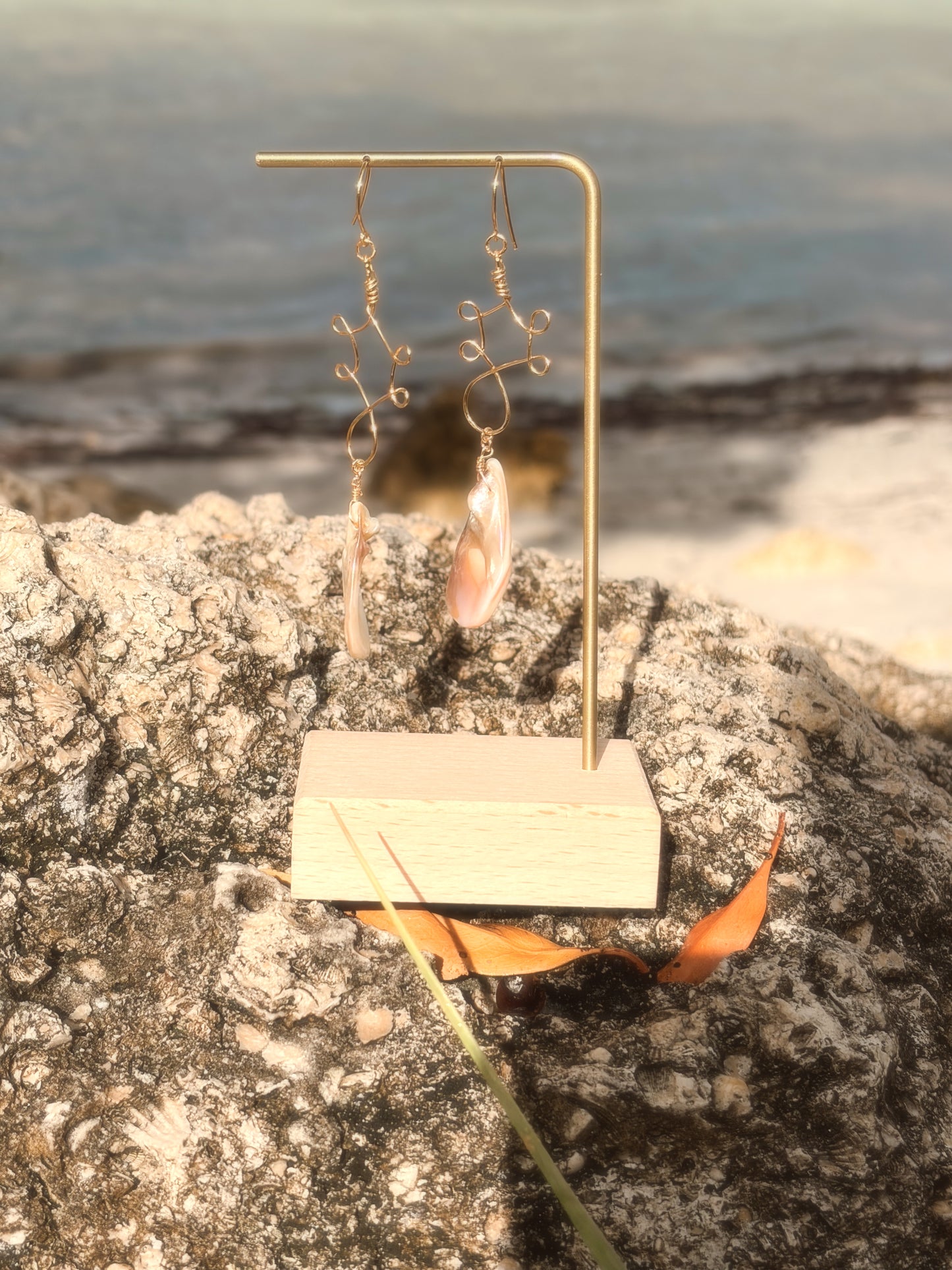 Pair of earrings on a stand with a scenic background , wire wrapped stainless steel gold brass earrings with an abalone shell beads.