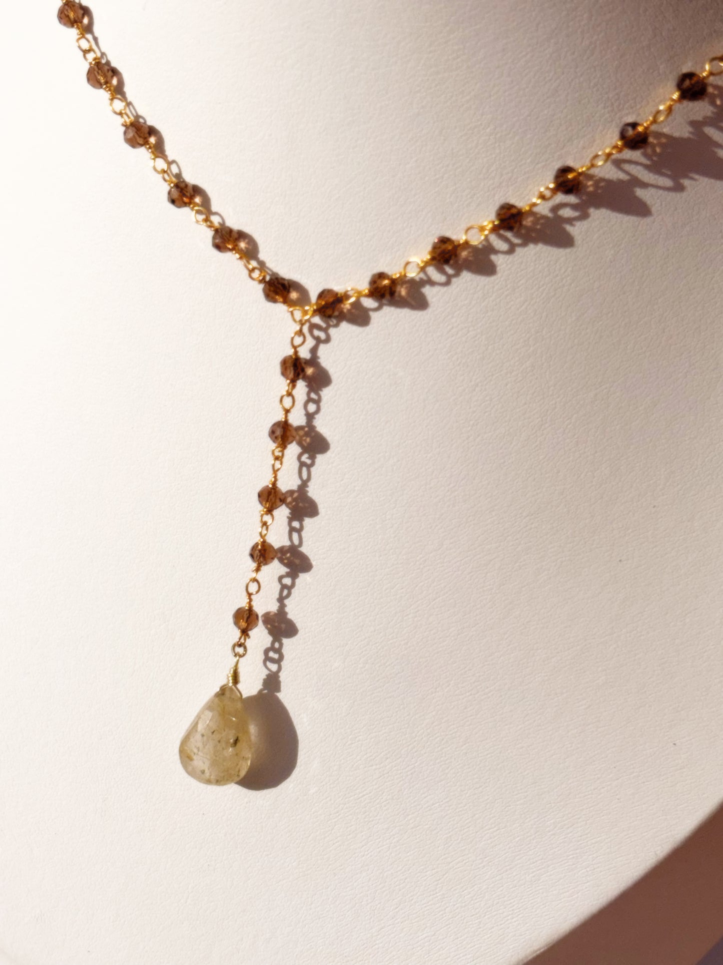 Smoky Quartz and Golden Rutilated Quartz Teardrop Pendant, Lariat Style Gold Plated Necklace