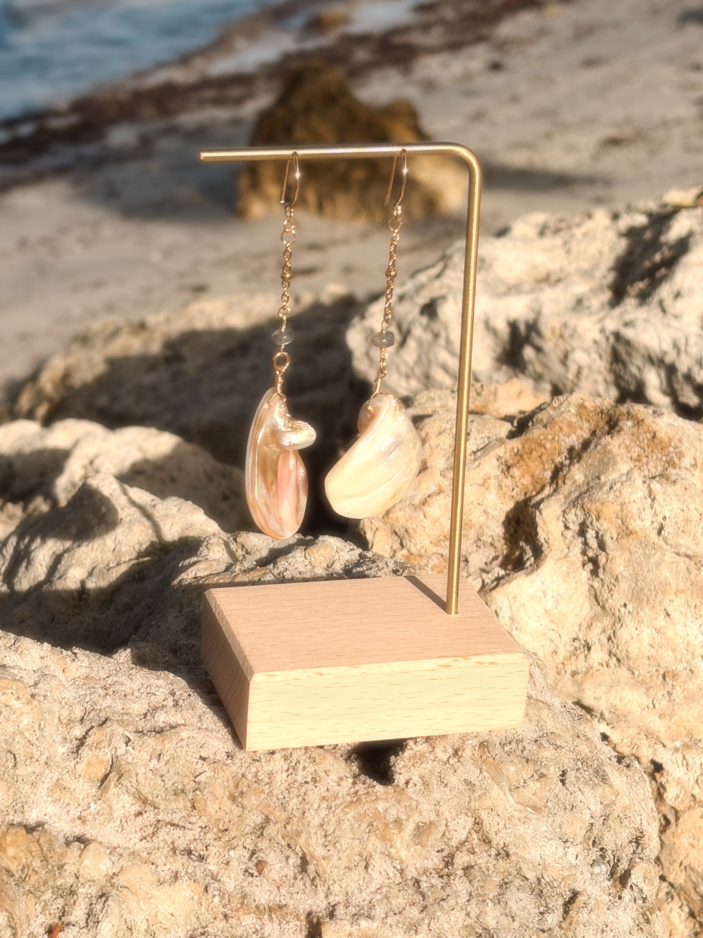 Stainless Steel Gold dangly shell earrings with labradorite bead crystal.