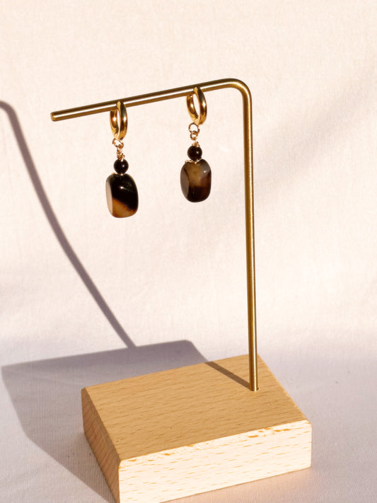 Agate and Obsidian Golden Hoop Earrings