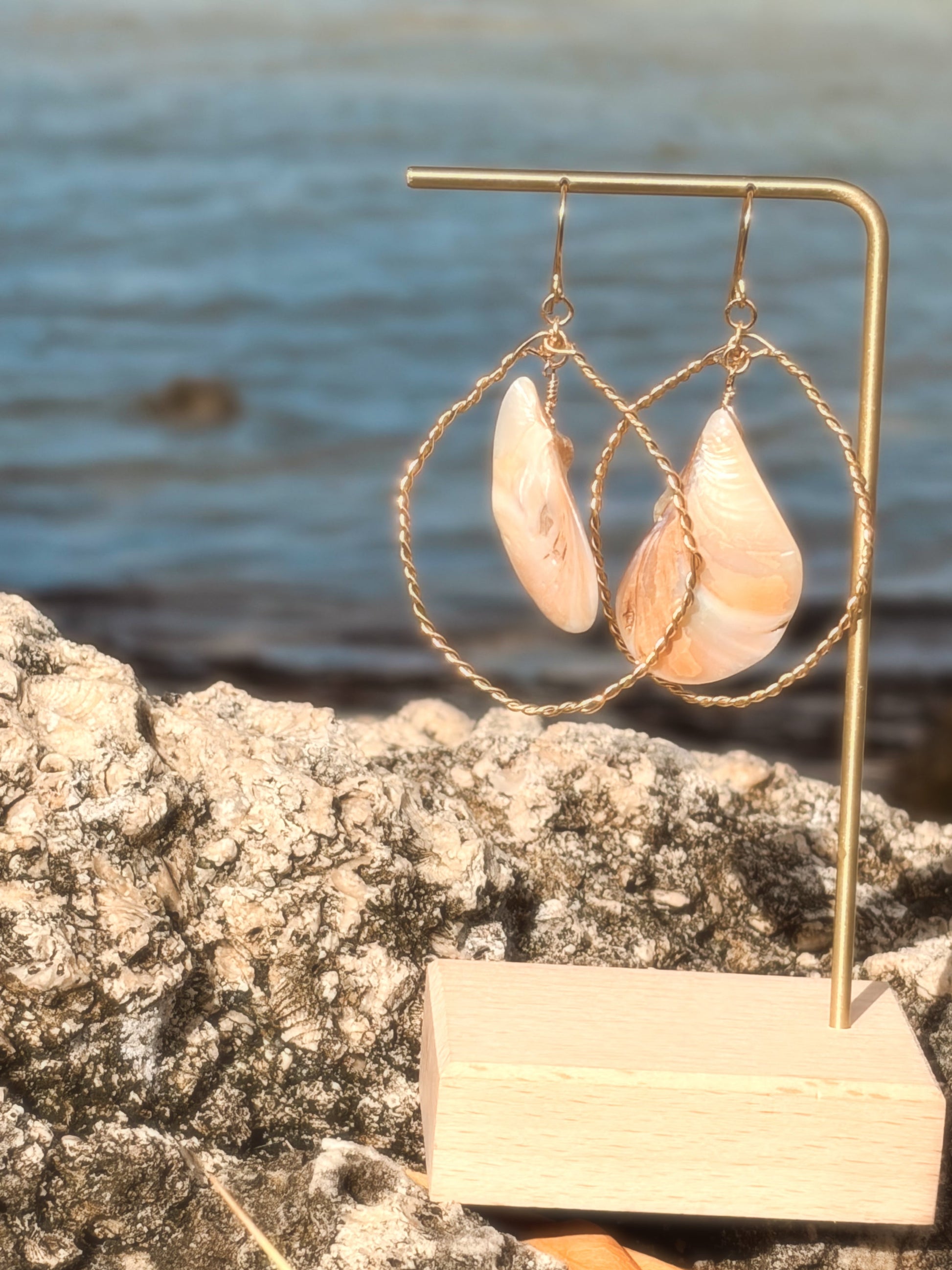 Pair of shell gold earrings on a stand with a beach background