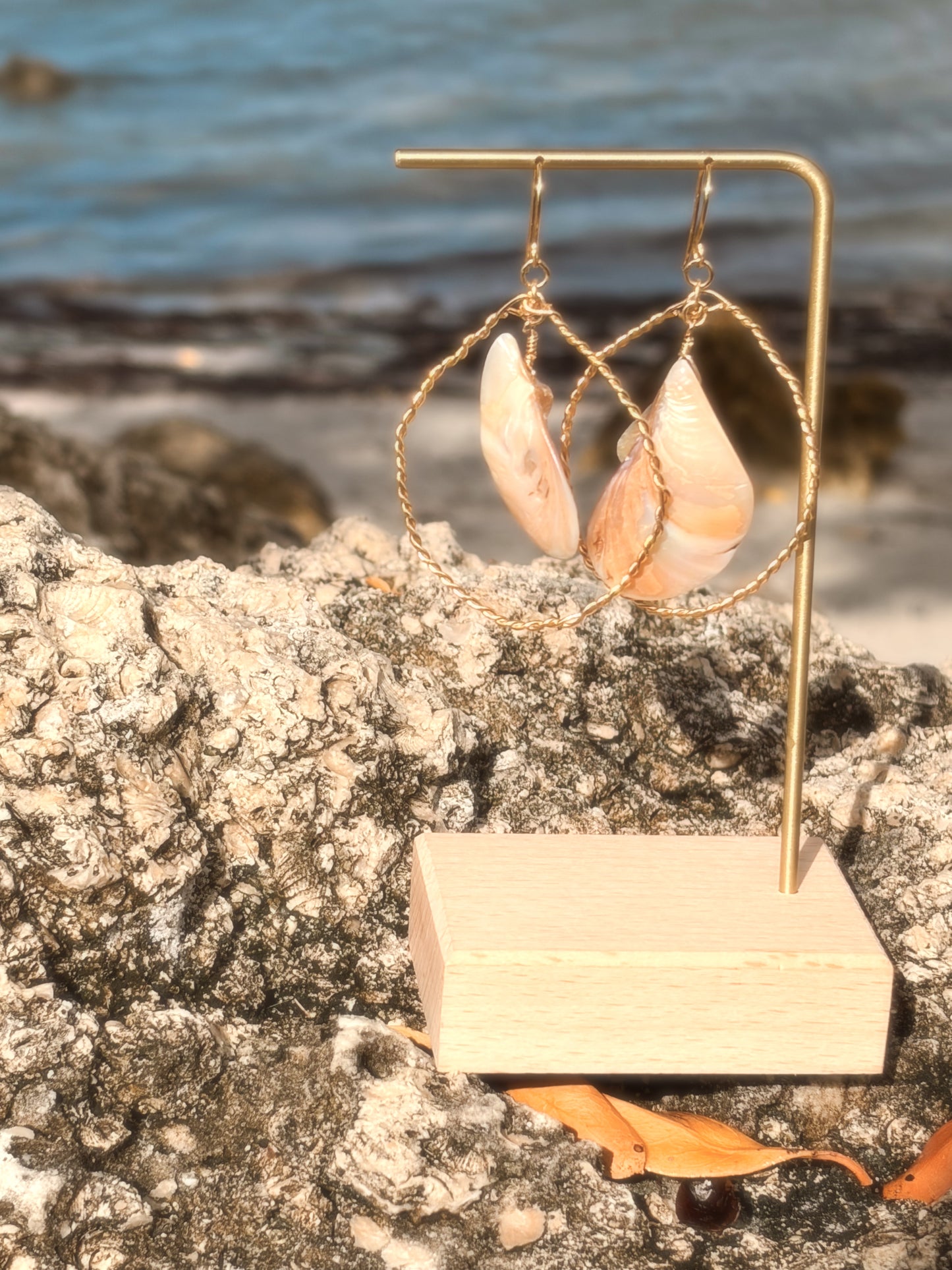 Pair of wire wrapped hoop shell gold earrings on a stand with a beach background