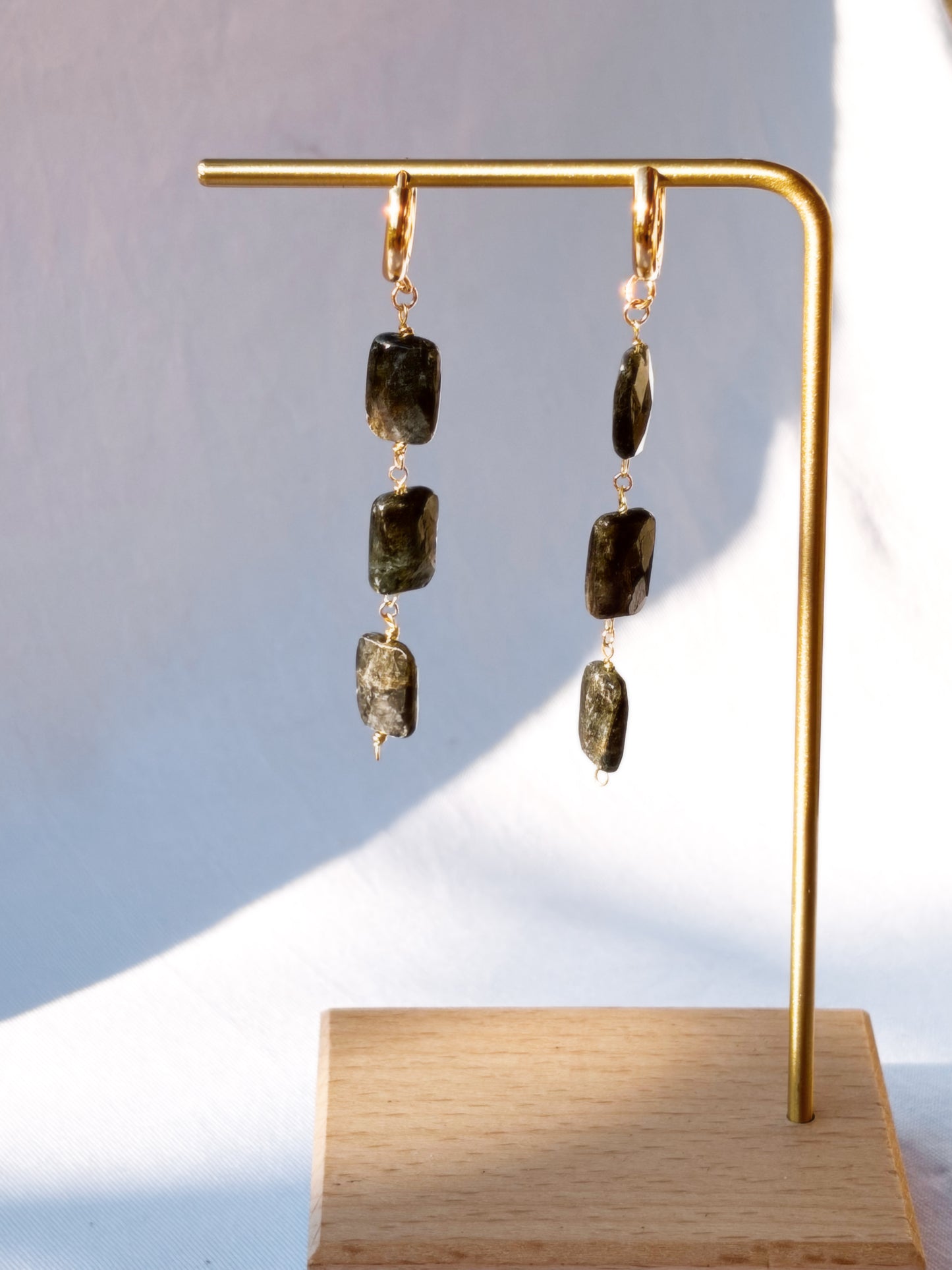 Stainless Steel Gold earrings with Blue Kyanite gemstones on a white background.