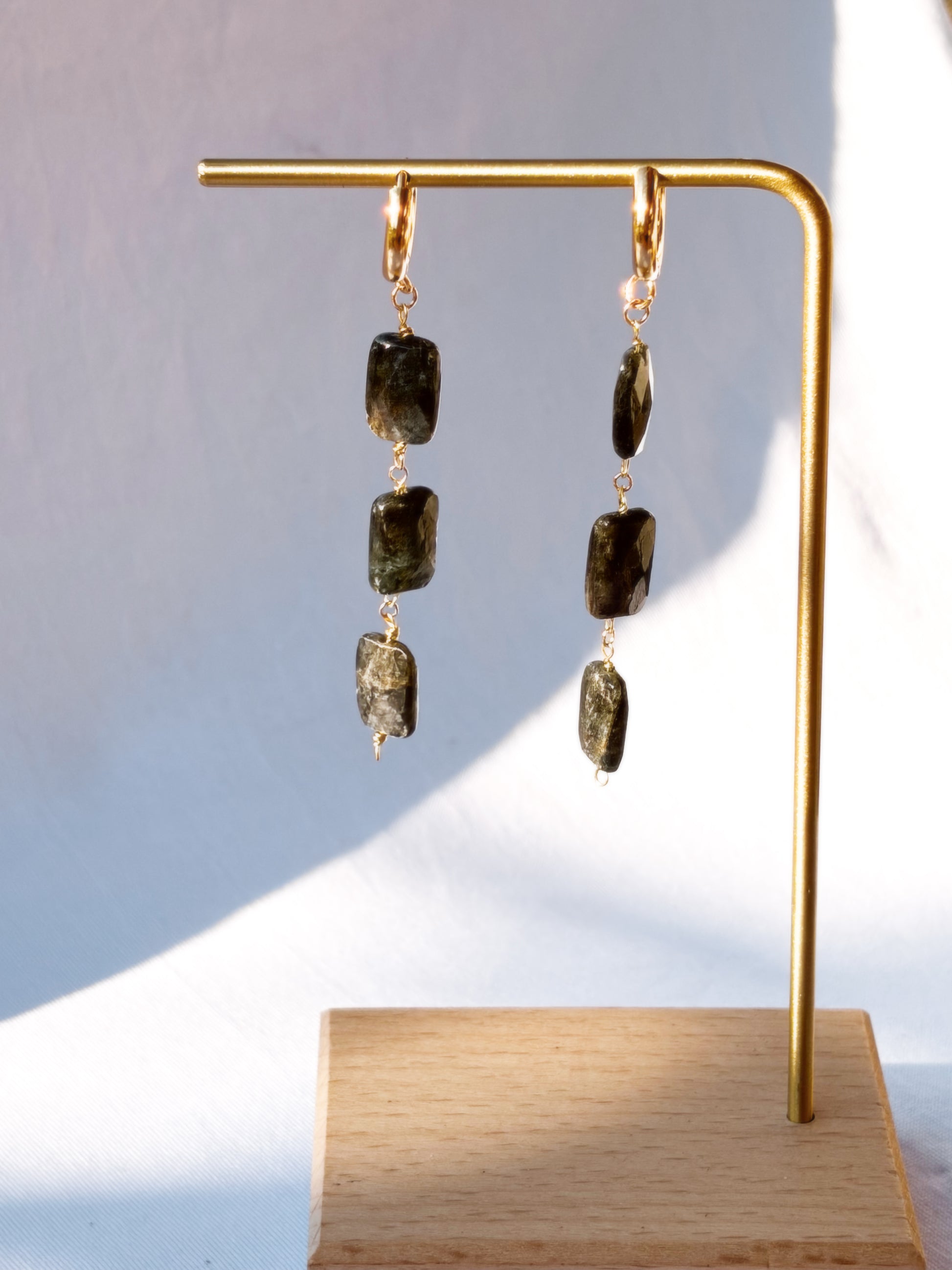 Stainless Steel Gold earrings with Blue Kyanite gemstones on a white background.