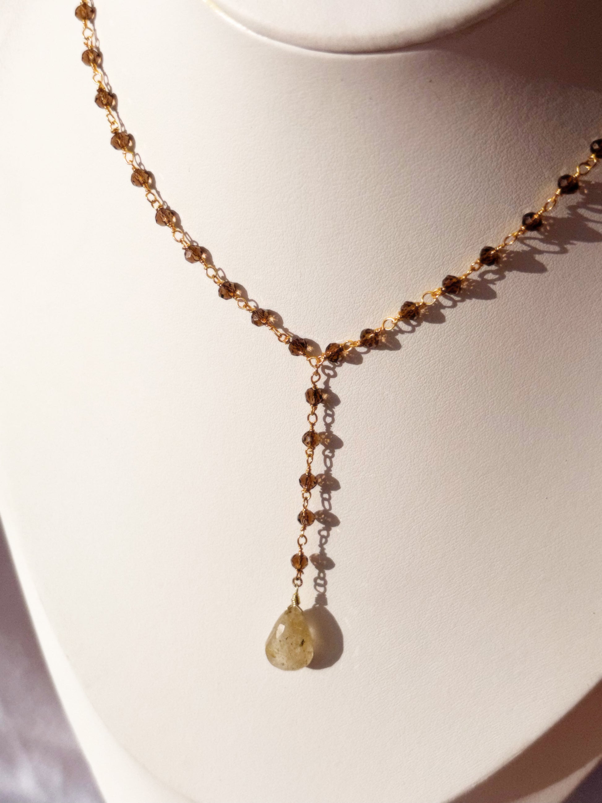 Smoky Quartz and Golden Rutilated Quartz Lariat Style Gold Plated Necklace 