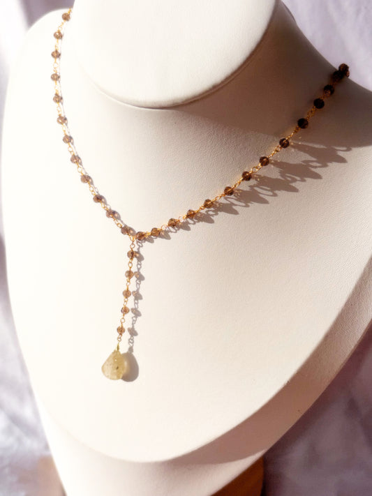 Smoky Quartz and Golden Rutilated Quartz Lariat Style Gold Plated Necklace